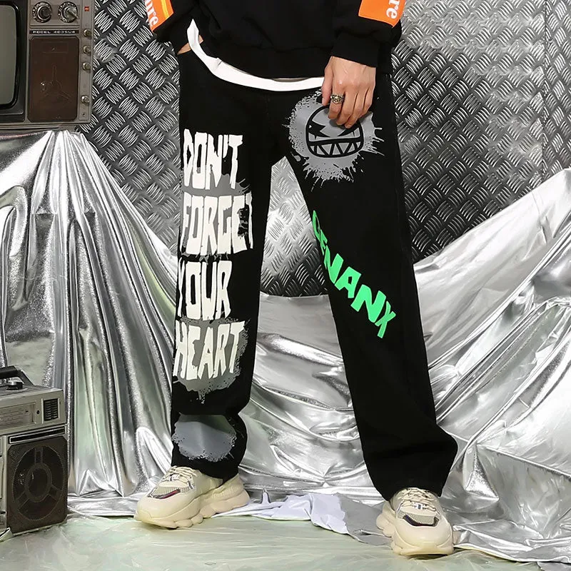 【GENANX2024NEW】Graffiti English print zipper loose straight leg jeans