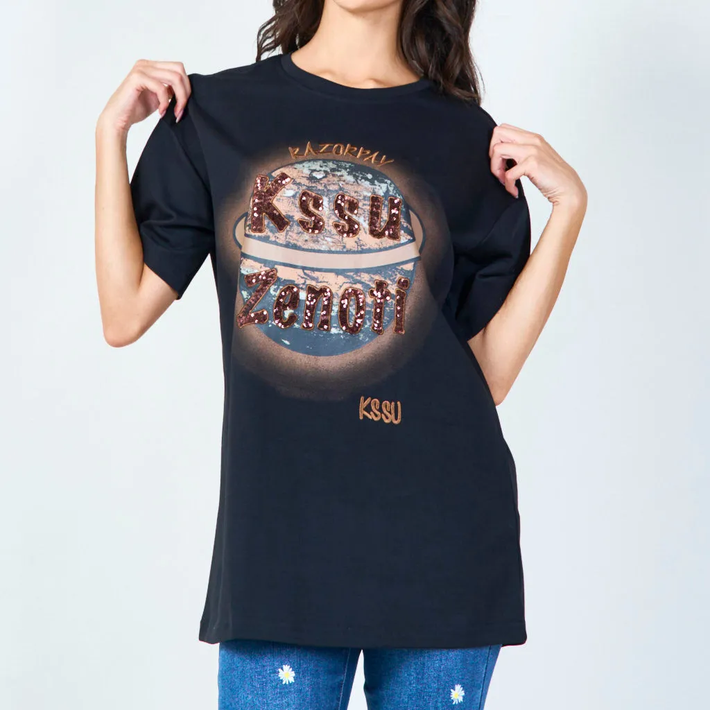 Graphic t-shirt with sequined planet motif wholesale