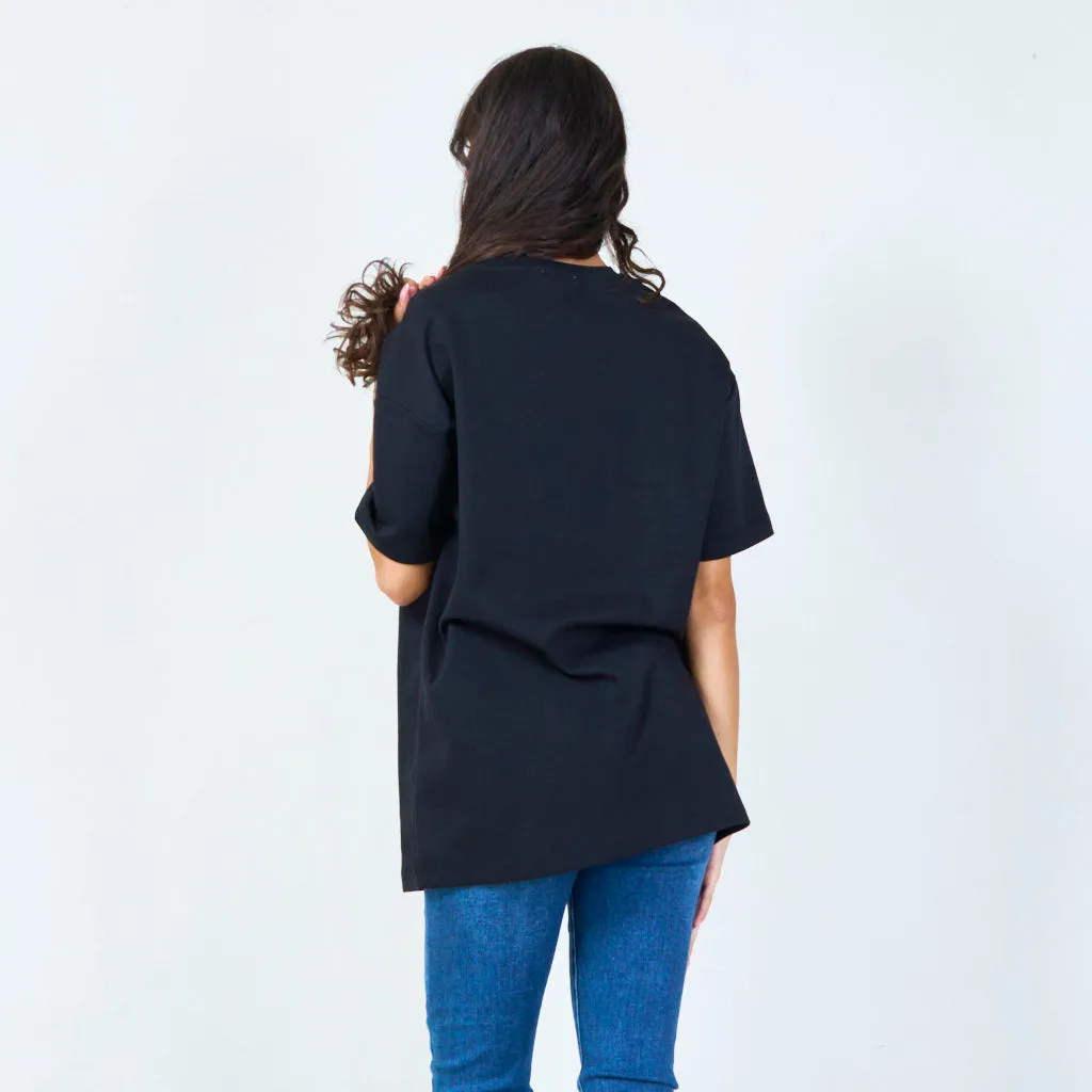 Graphic t-shirt with sequined planet motif wholesale