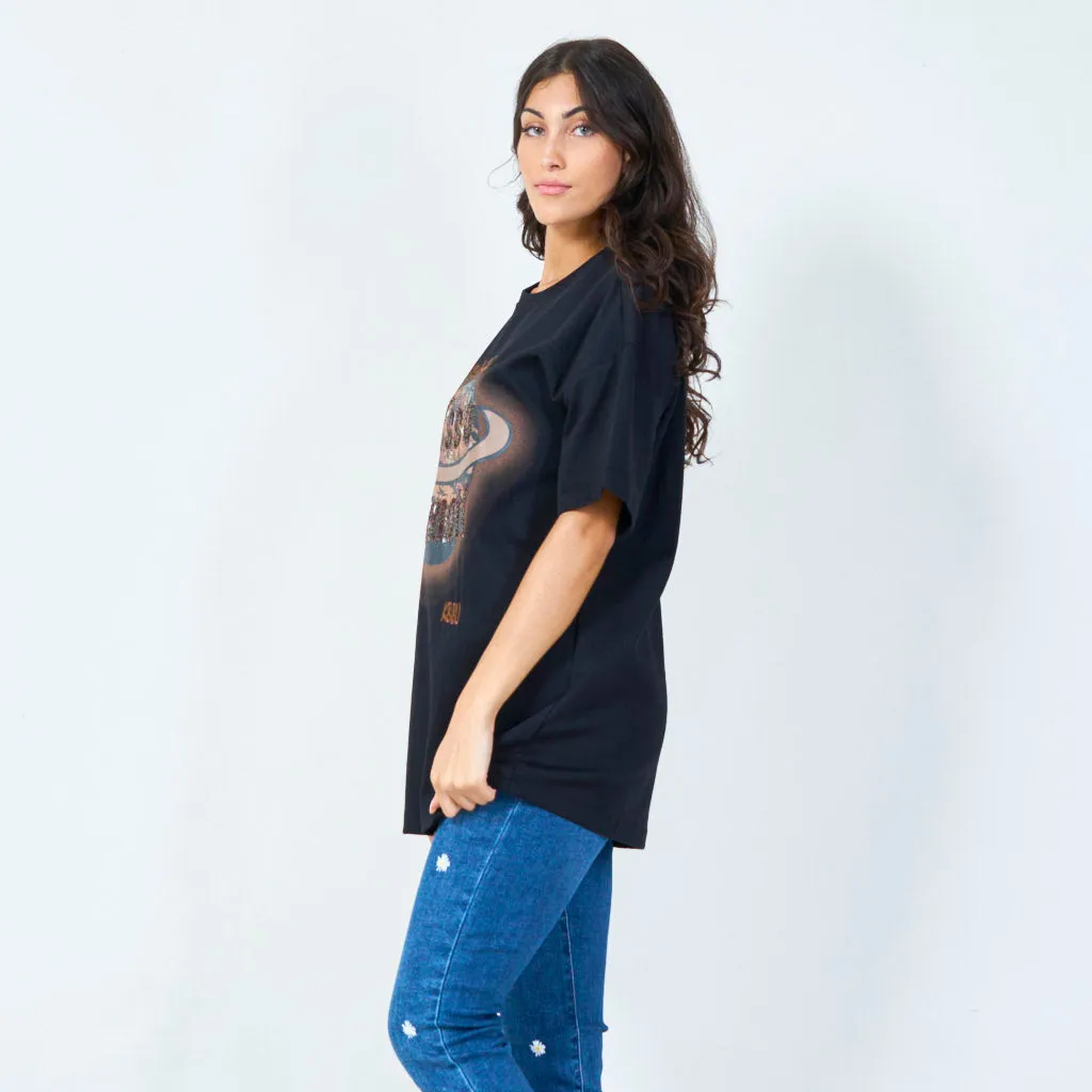 Graphic t-shirt with sequined planet motif wholesale