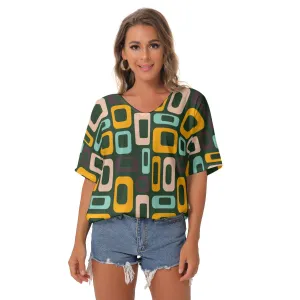 Green Retro V-Neck Blouse