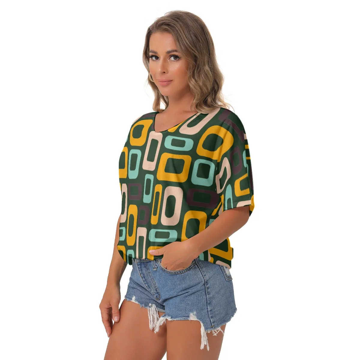 Green Retro V-Neck Blouse