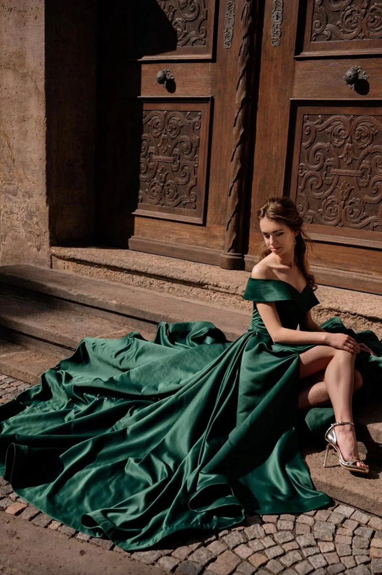 Green Satin Long Prom Dress, Off the Shoulder Evening Dress with Slit