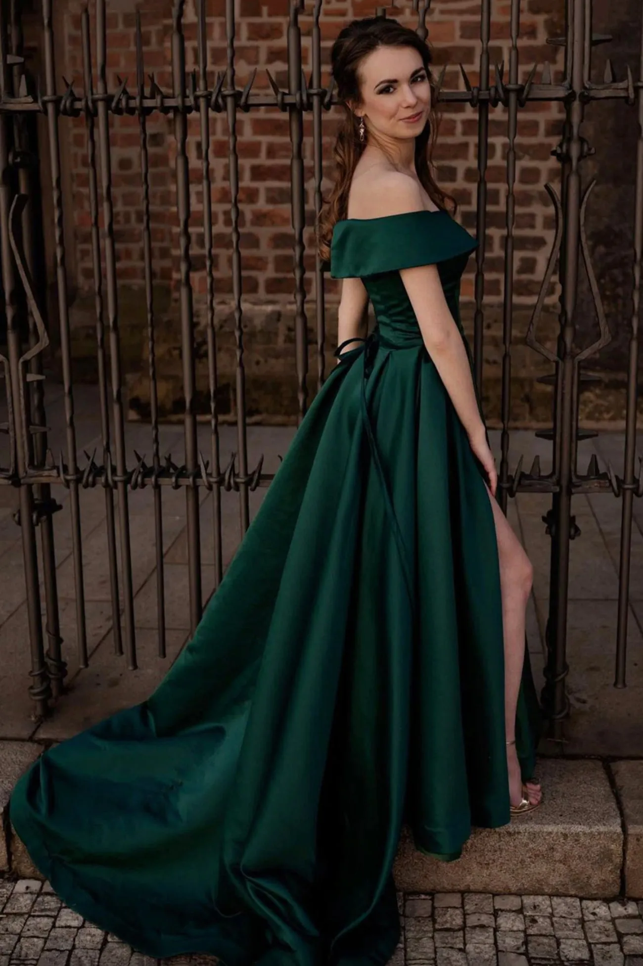 Green Satin Long Prom Dress, Off the Shoulder Evening Dress with Slit
