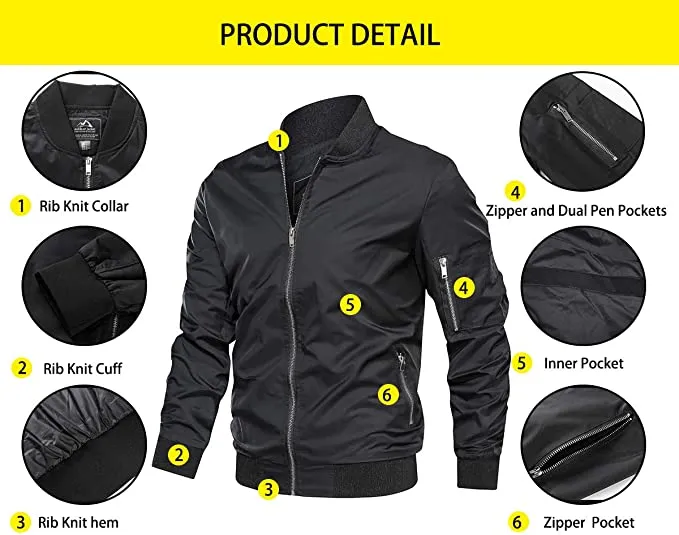 Hey Sir Men's Jacket-Lightweight Casual Spring Fall Thin Bomber Zip Pockets Coat Outwear