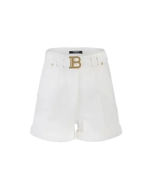 High Waisted Belted Monogram Denim Shorts