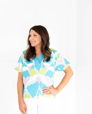 Laurel Blouse in Pool Blue Watercolor Ikat by Sheridan French