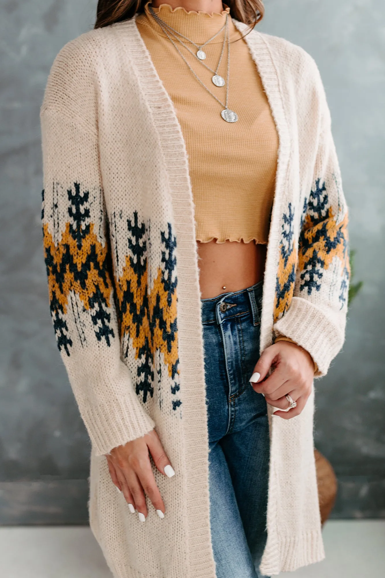 Leave It To Fate Open Front Knitted Cardigan (Ivory/Mustard)