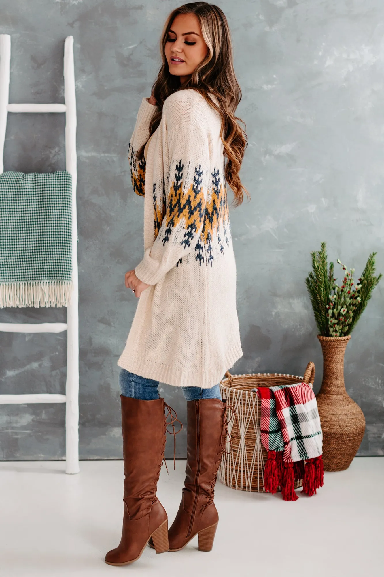 Leave It To Fate Open Front Knitted Cardigan (Ivory/Mustard)