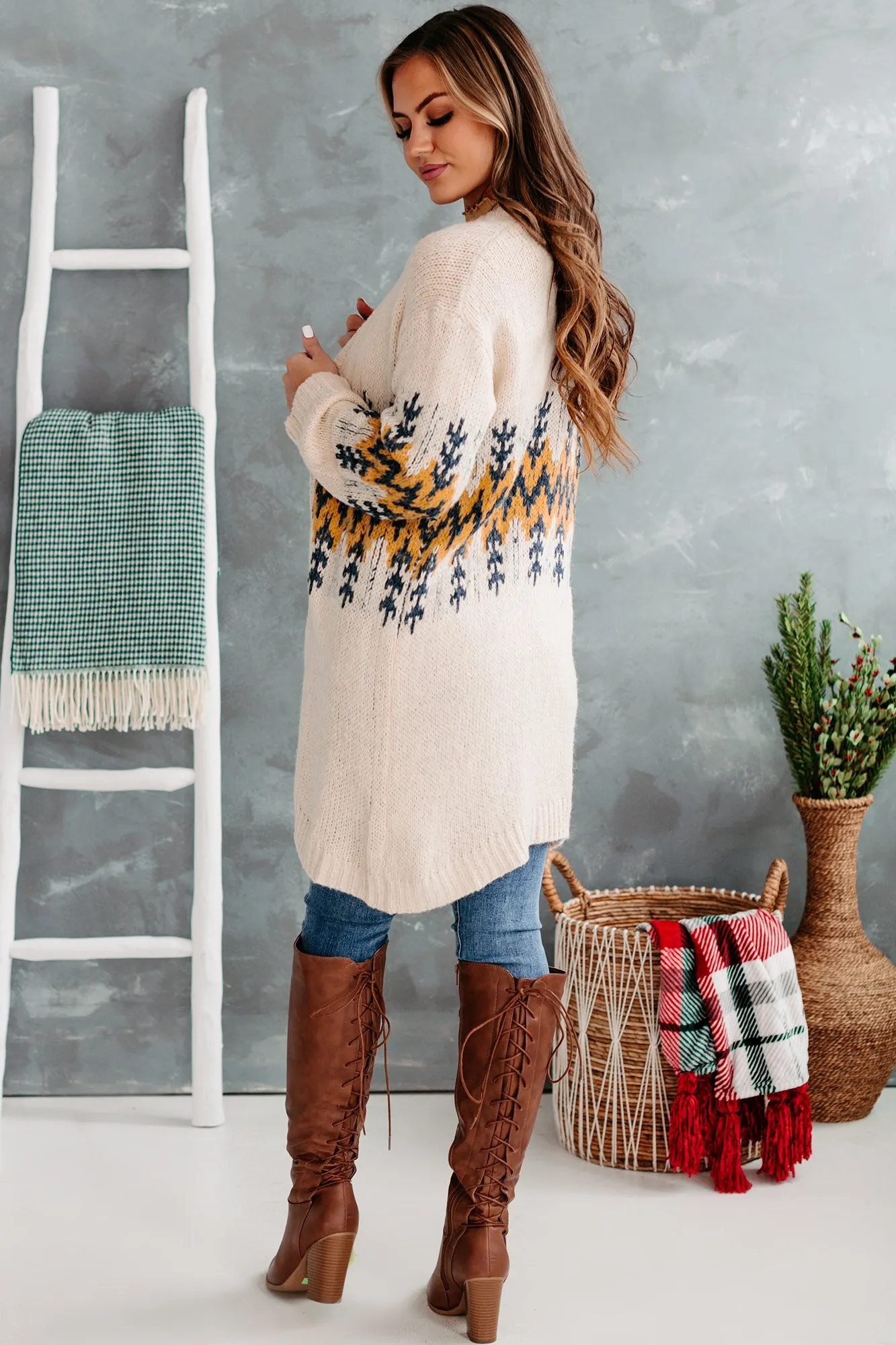 Leave It To Fate Open Front Knitted Cardigan (Ivory/Mustard)