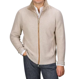 Light Beige Cashmere Fur Collar Cardigan