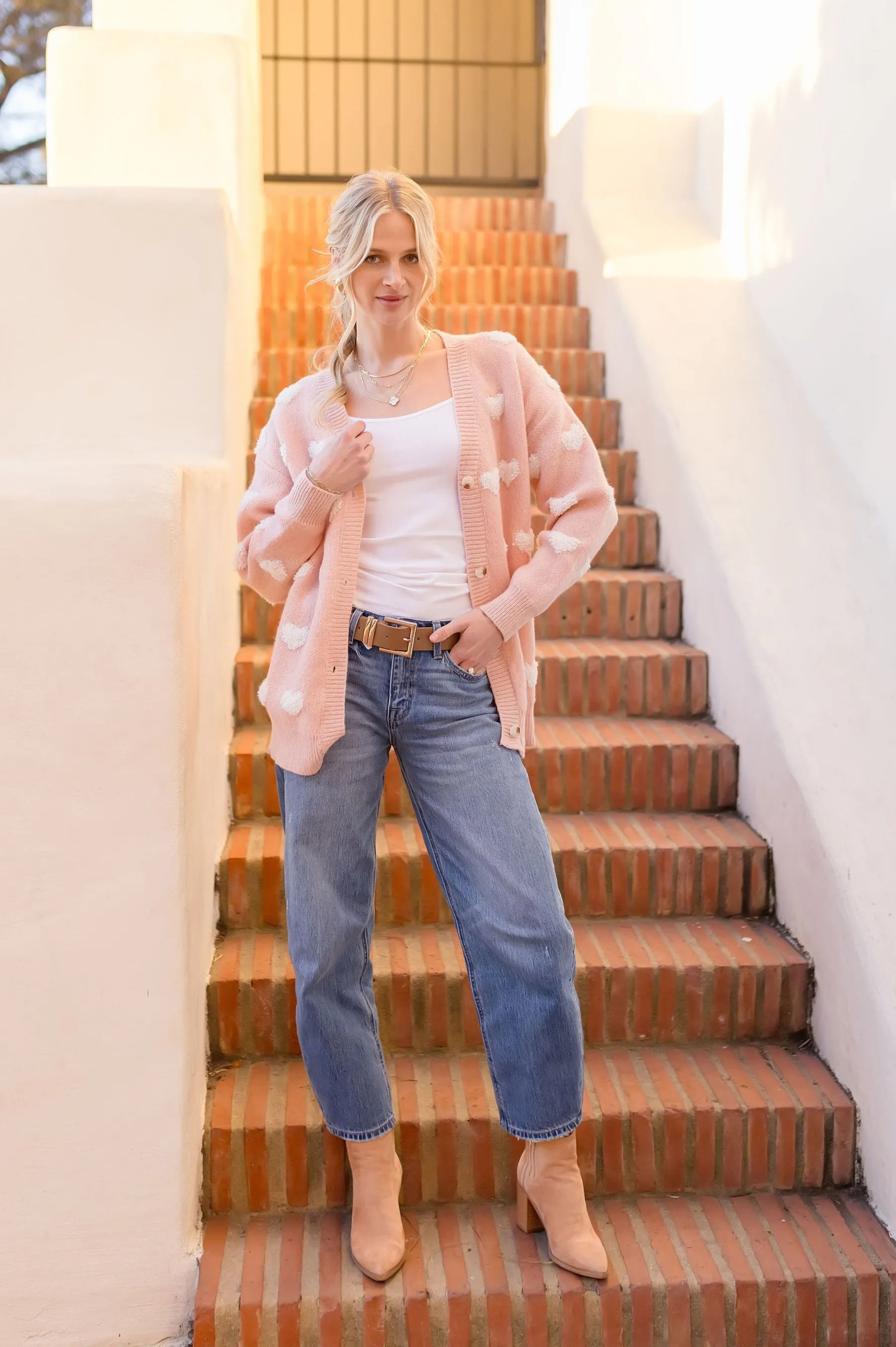 Maddie Long Sleeve Heart Print Cardigan Pink