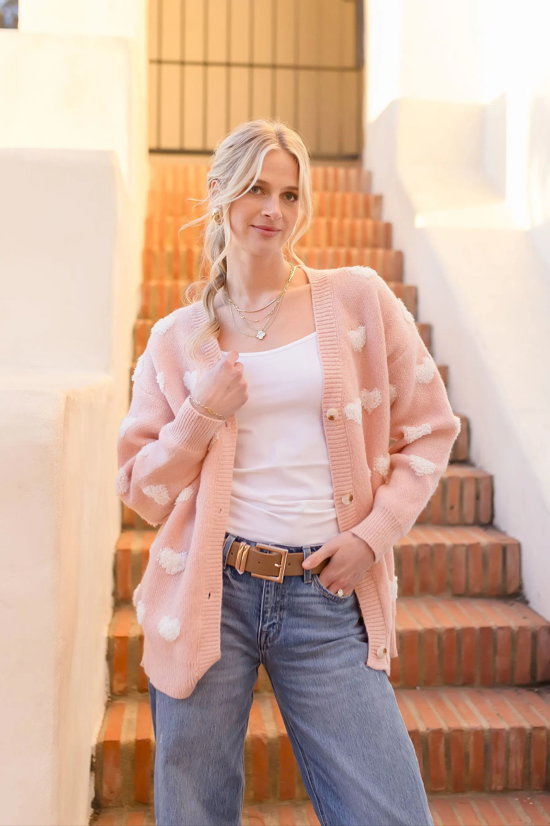 Maddie Long Sleeve Heart Print Cardigan Pink