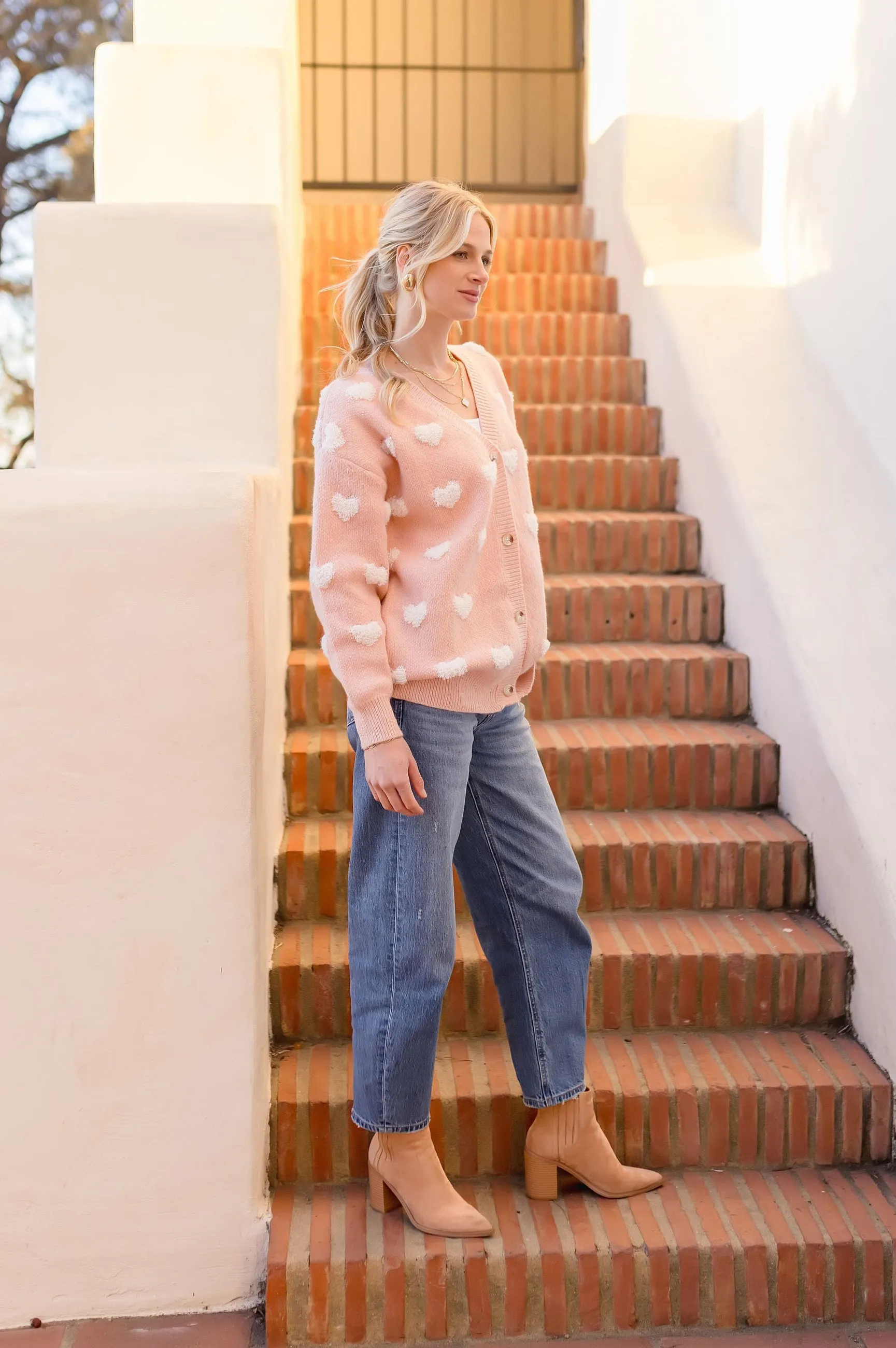 Maddie Long Sleeve Heart Print Cardigan Pink