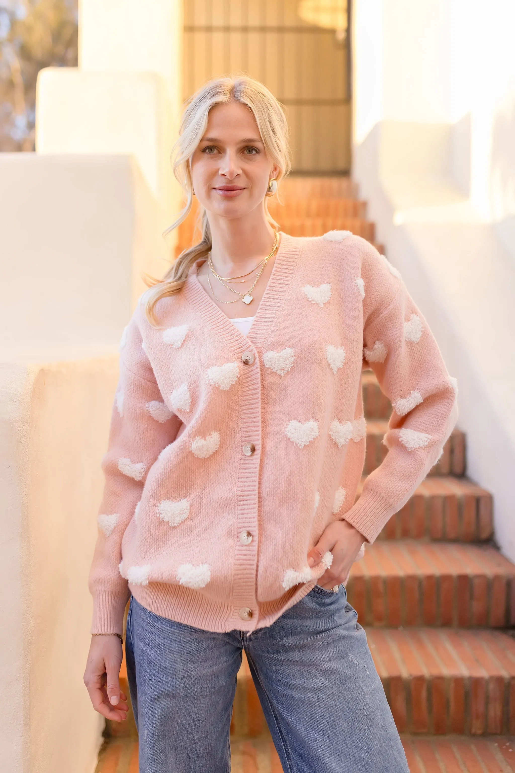 Maddie Long Sleeve Heart Print Cardigan Pink