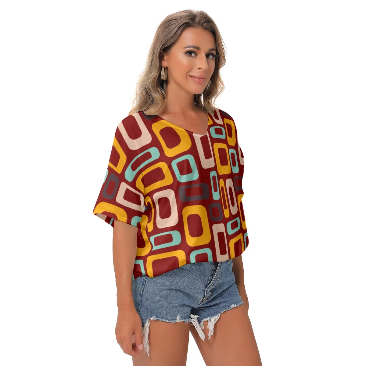 Maroon Retro V-Neck Blouse