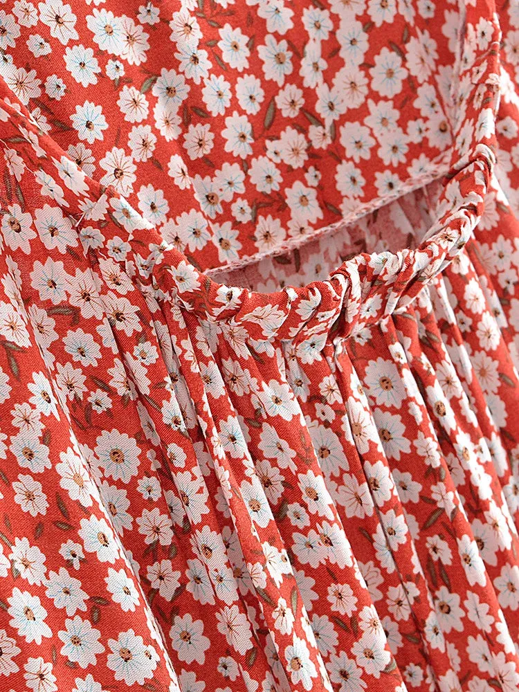 Maxi Dress - Boho Dress - Maxi Boho Sundress - Red White Daisy
