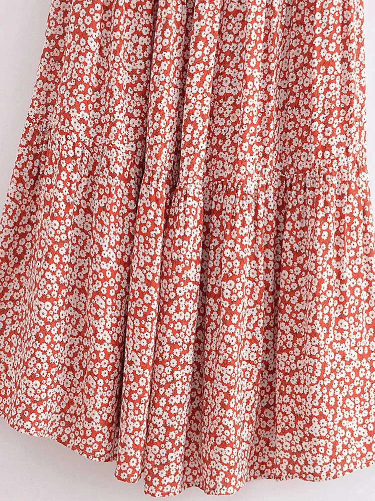 Maxi Dress - Boho Dress - Maxi Boho Sundress - Red White Daisy
