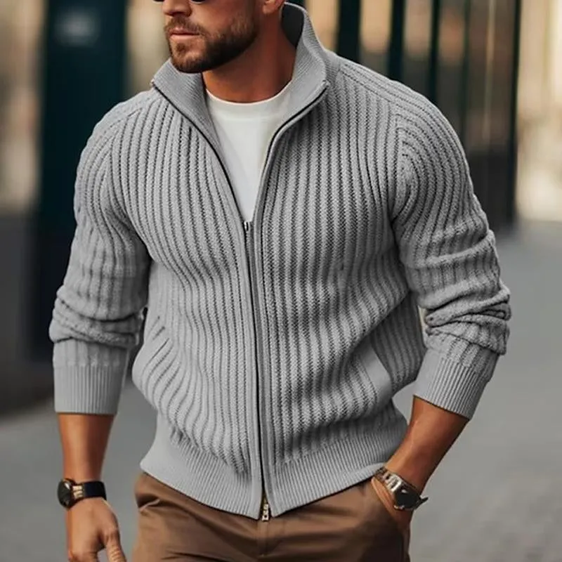 Men's Casual Solid Color Stand Collar Zipper Knitted Long-Sleeved Cardigan 49236387M