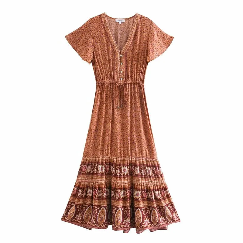 Midi Dress, Boho Dress, Sundress, Aubrey Eulalie in Brown and Blue