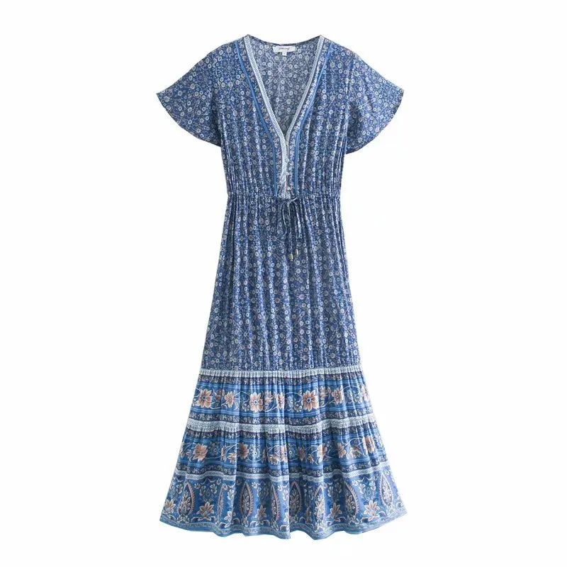 Midi Dress, Boho Dress, Sundress, Aubrey Eulalie in Brown and Blue