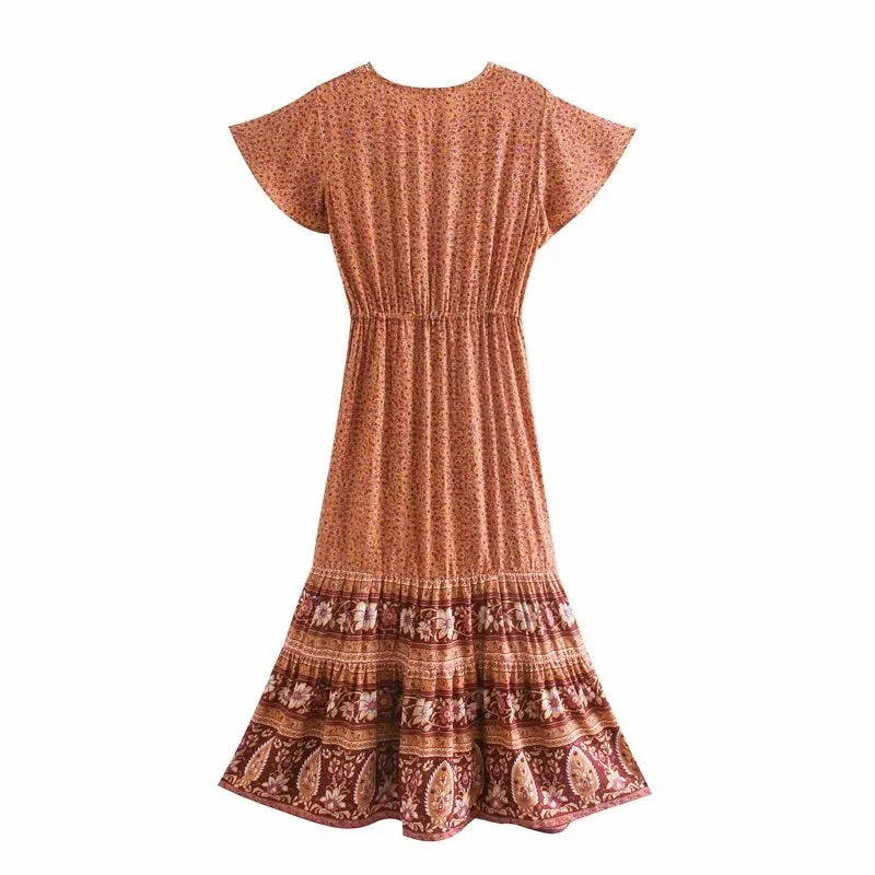 Midi Dress, Boho Dress, Sundress, Aubrey Eulalie in Brown and Blue