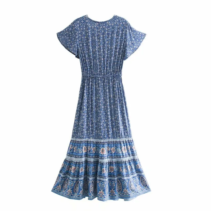 Midi Dress, Boho Dress, Sundress, Aubrey Eulalie in Brown and Blue