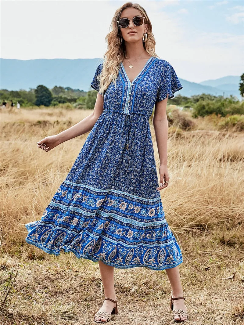 Midi Dress, Boho Dress, Sundress, Aubrey Eulalie in Brown and Blue