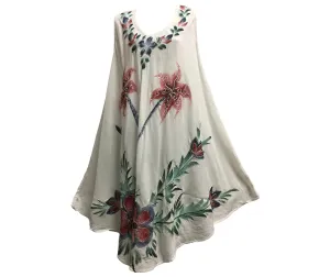 Missy Plus Bohemian Palm Tree Embroidered Sleeveless White Summer Caftan Sundress Plus size womens dress