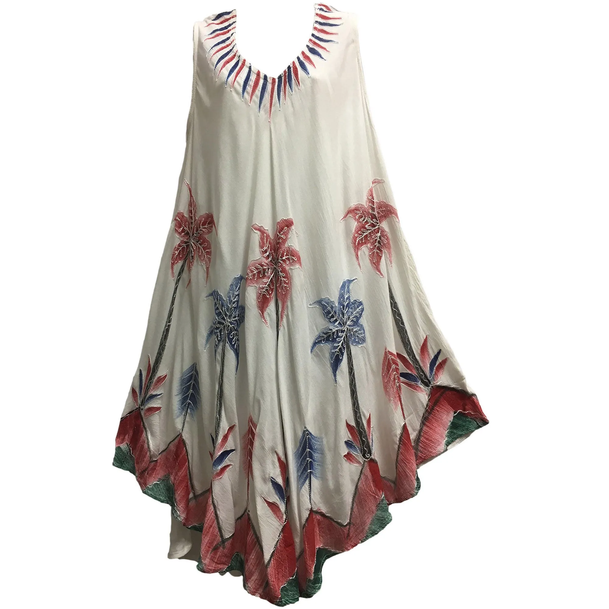 Missy Plus Bohemian Palm Tree Embroidered Sleeveless White Summer Caftan Sundress Plus size womens dress