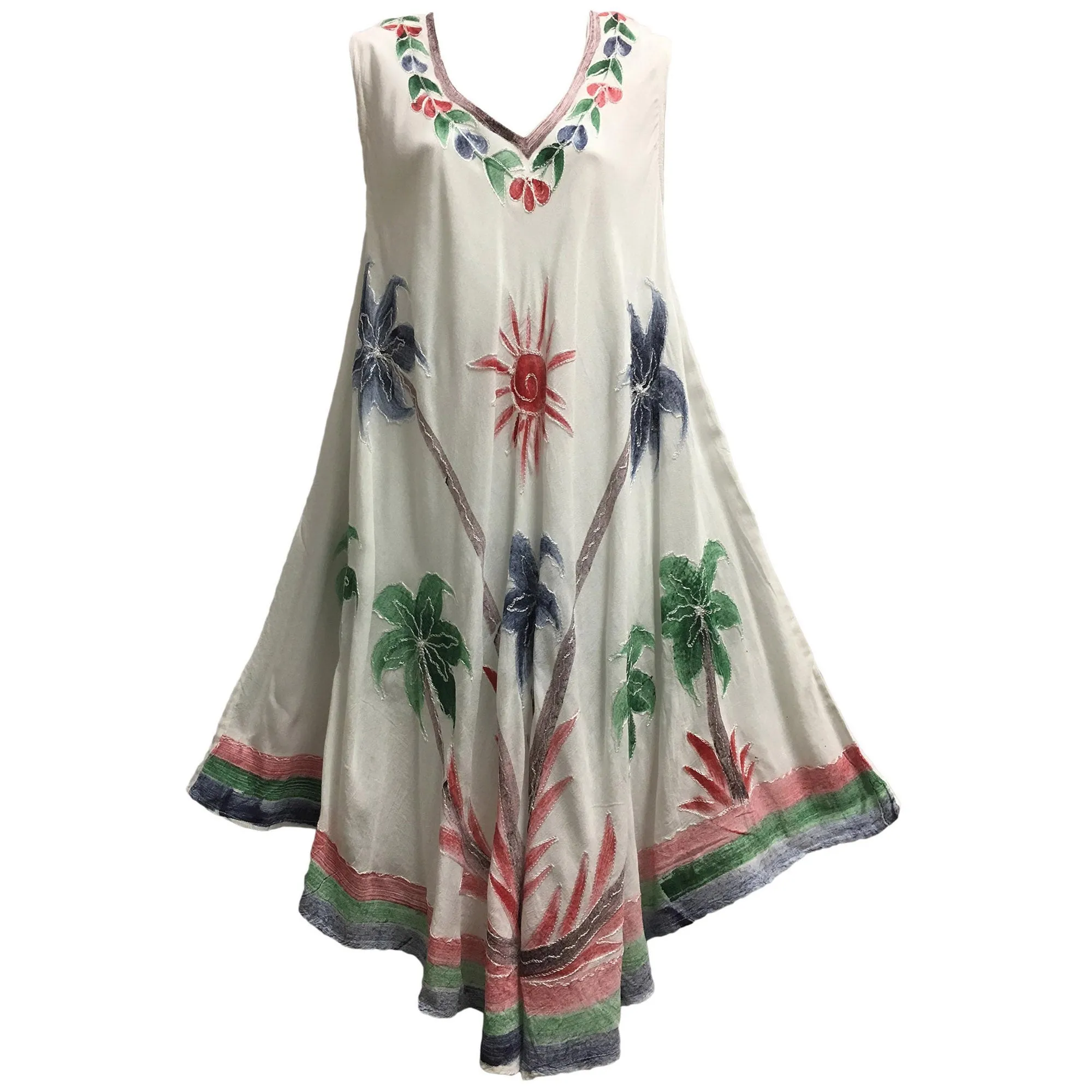 Missy Plus Bohemian Palm Tree Embroidered Sleeveless White Summer Caftan Sundress Plus size womens dress