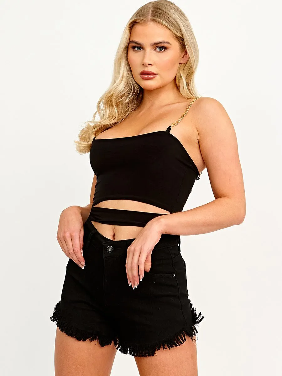 Natalie High Waisted Frayed Denim Shorts In Black