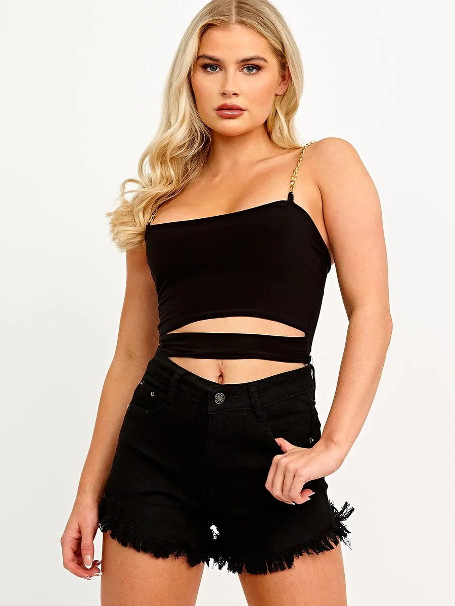 Natalie High Waisted Frayed Denim Shorts In Black
