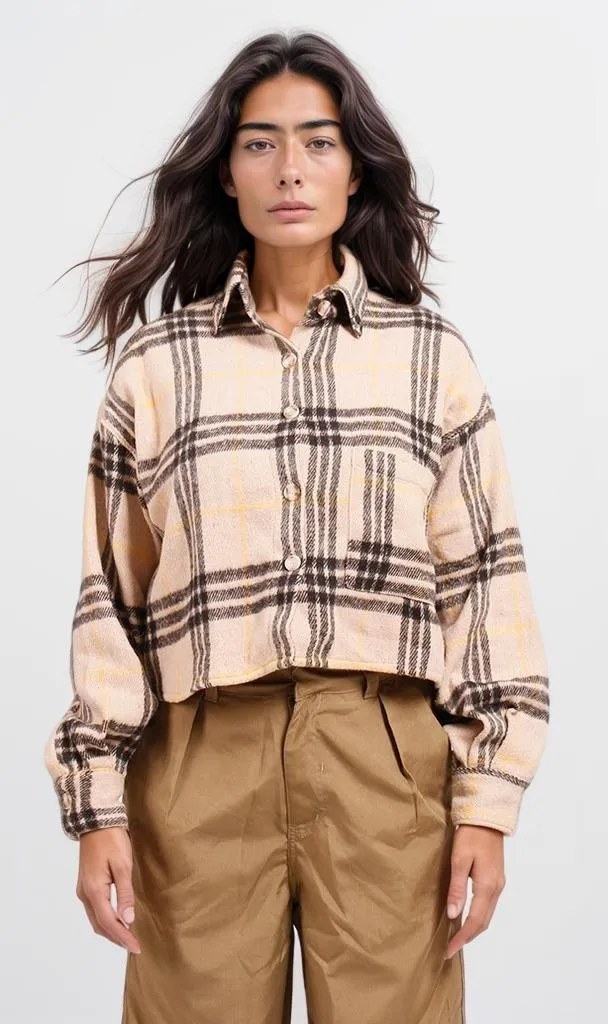 o200715-OVERSIZED CHECKED SHIRT - BEIGE