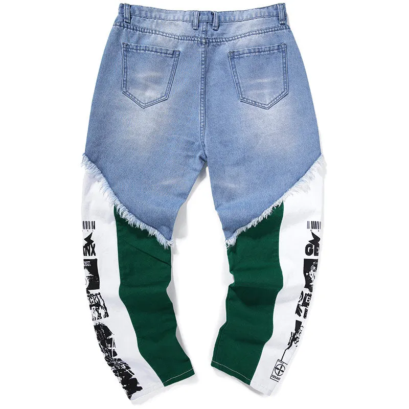 Patchwork Contrast Color Zipper Denim Pants