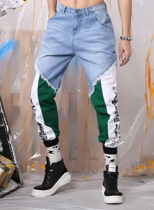 Patchwork Contrast Color Zipper Denim Pants