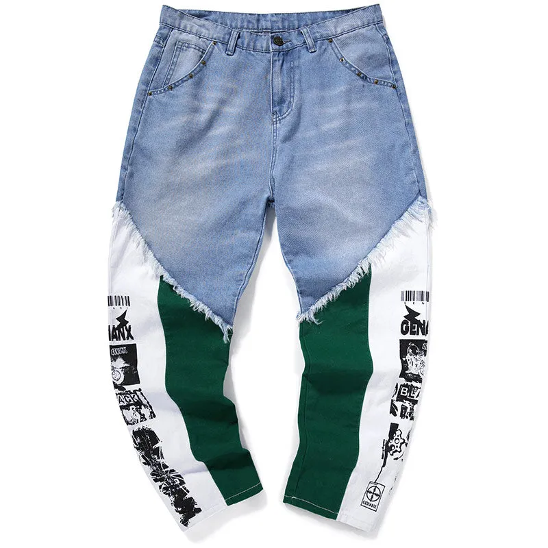 Patchwork Contrast Color Zipper Denim Pants