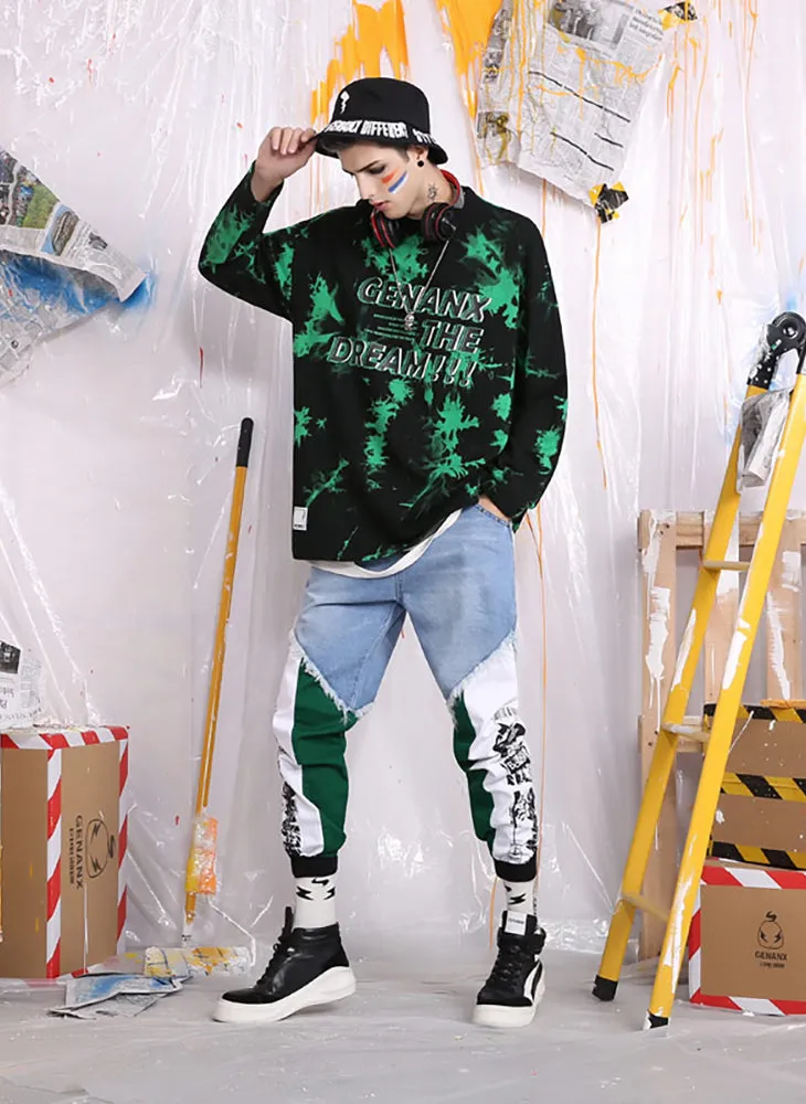Patchwork Contrast Color Zipper Denim Pants