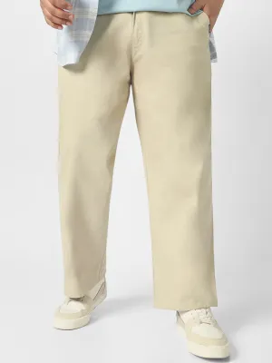 Plus Men's Light Grey Loose Baggy Fit Solid Chino Trousers Non-Stretchable