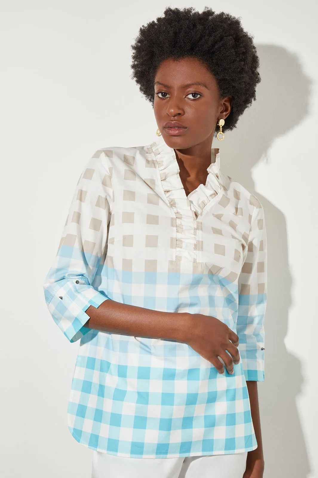 Plus Size Ruffle V-Neck Blouse - Gingham Cotton Poplin