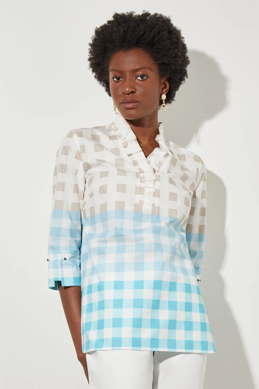 Plus Size Ruffle V-Neck Blouse - Gingham Cotton Poplin