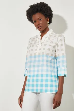 Plus Size Ruffle V-Neck Blouse - Gingham Cotton Poplin