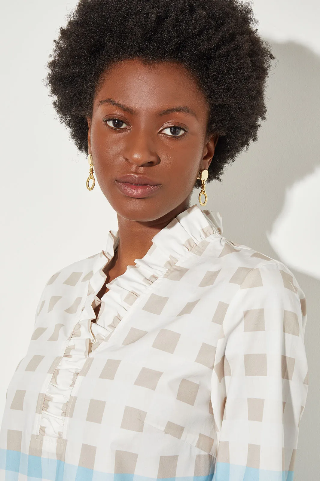 Plus Size Ruffle V-Neck Blouse - Gingham Cotton Poplin