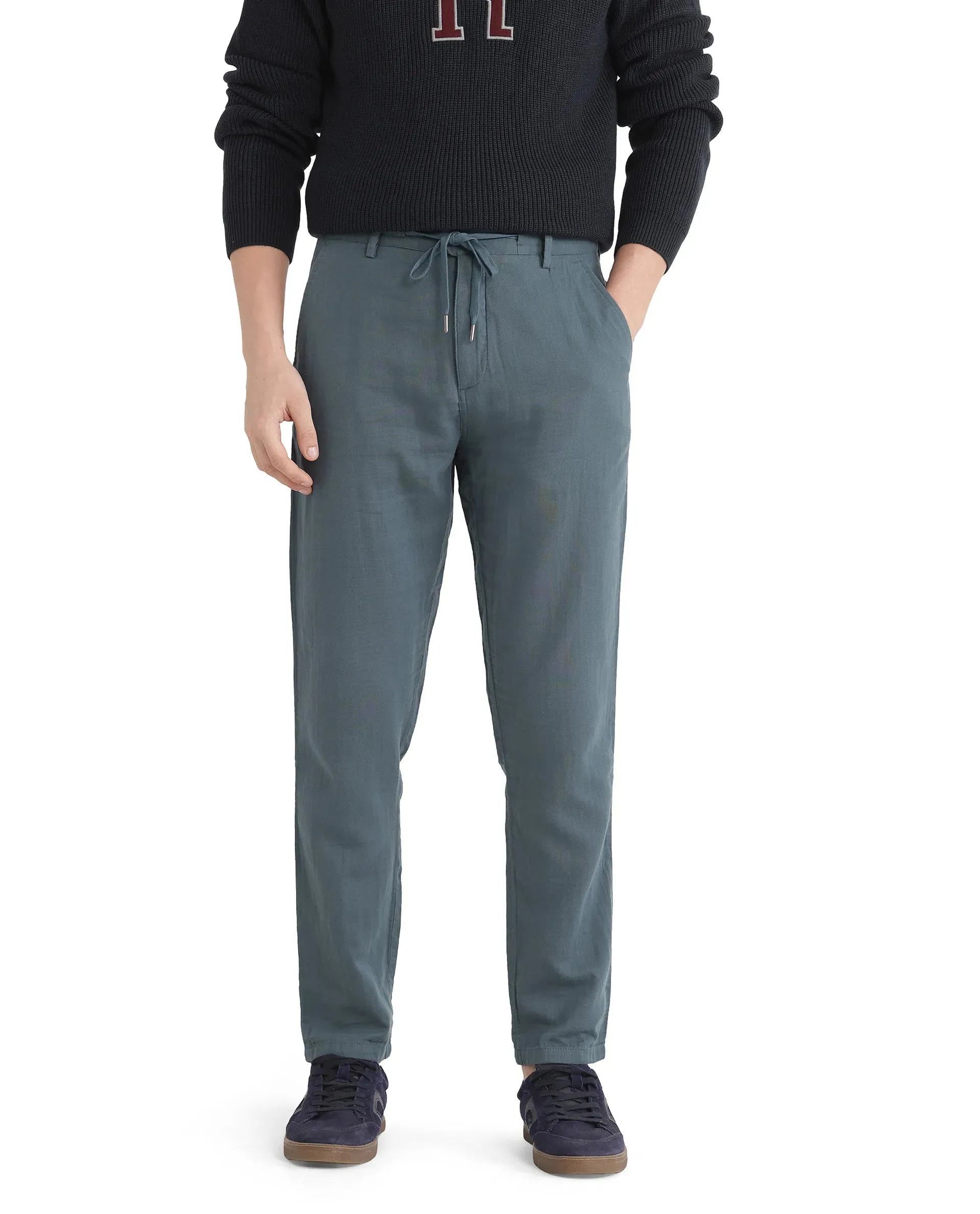 Rare Rabbit Men Pastor-25 Teal Cotton Elastane Fabric Drawstring Closure Plain Trouser