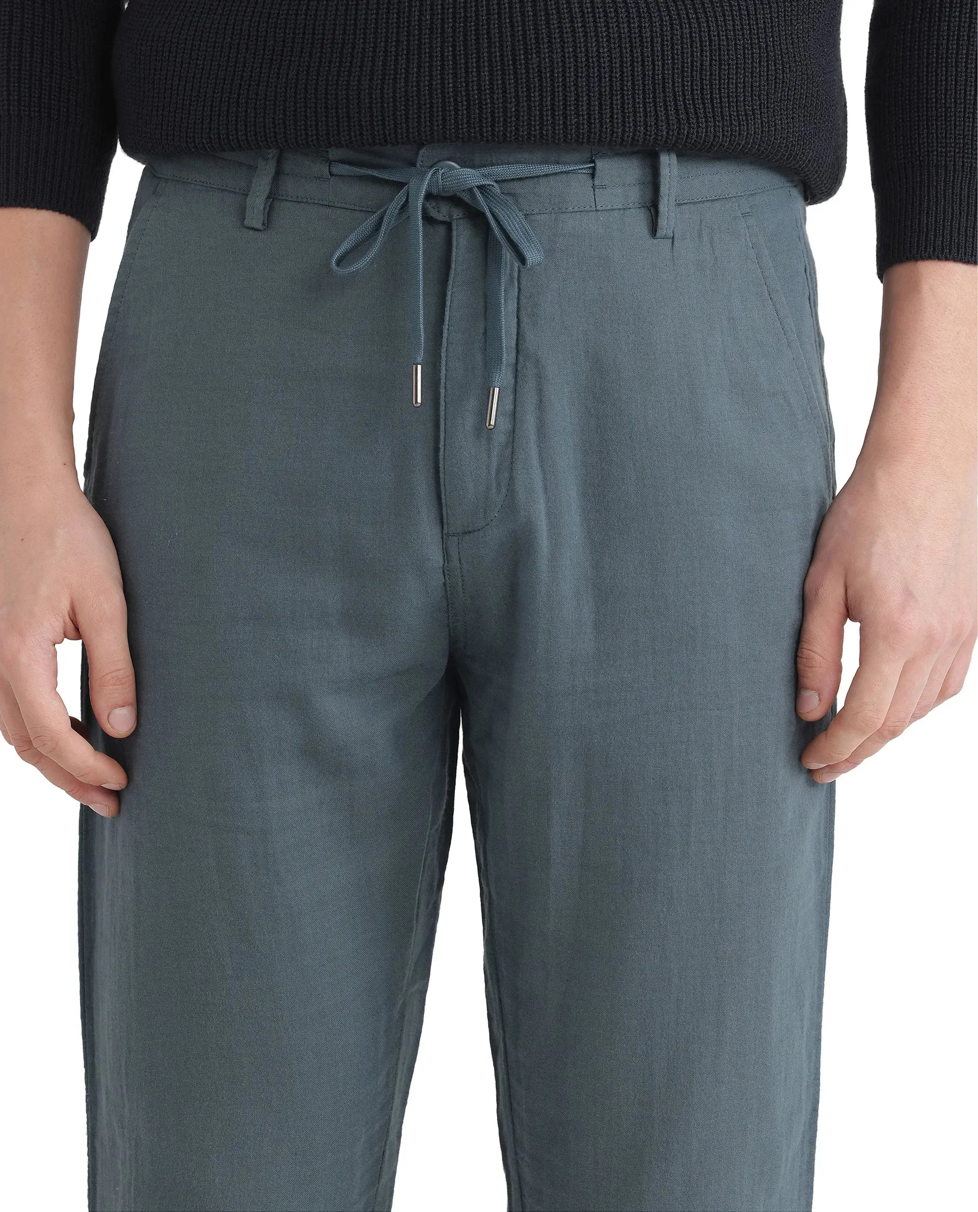Rare Rabbit Men Pastor-25 Teal Cotton Elastane Fabric Drawstring Closure Plain Trouser