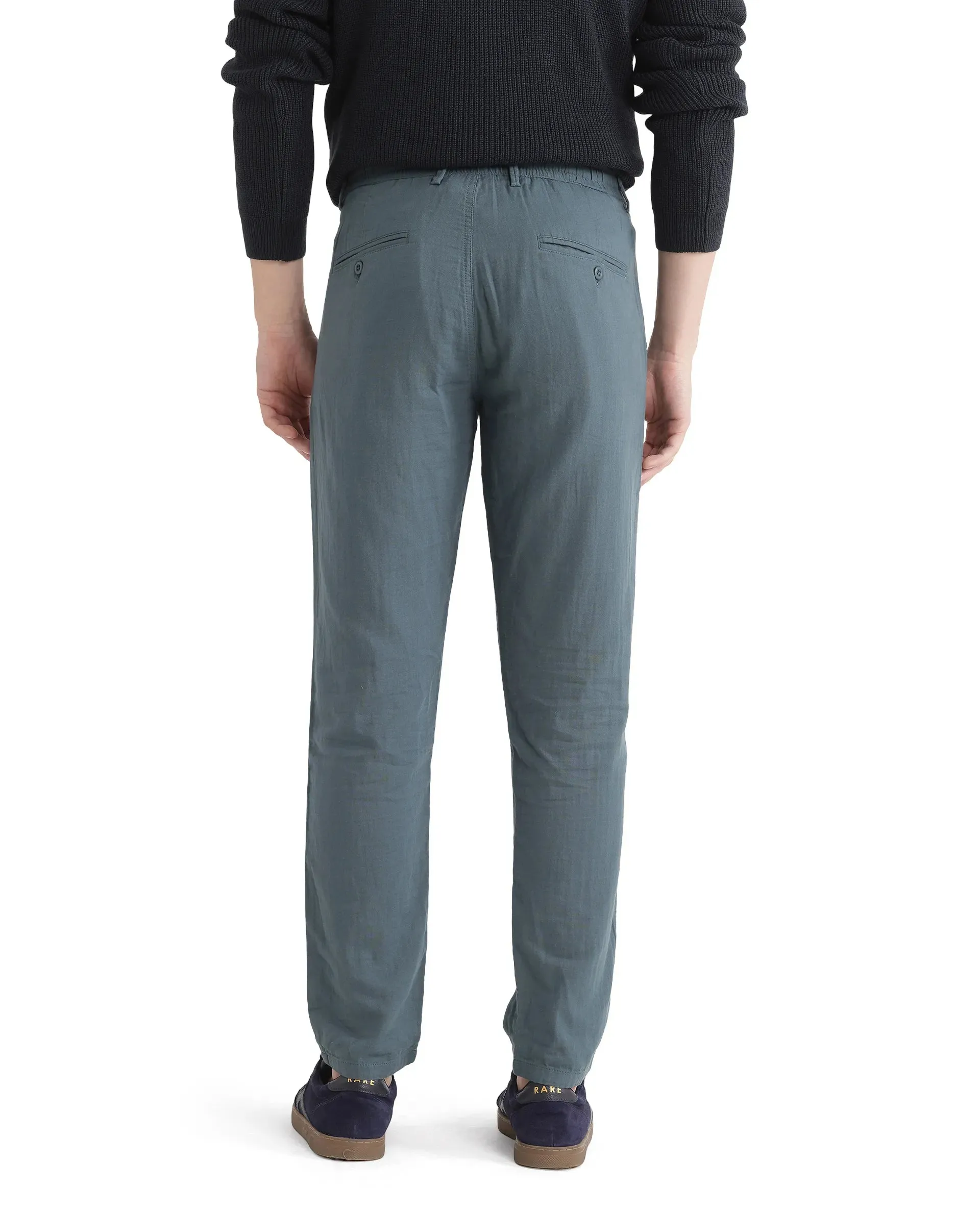 Rare Rabbit Men Pastor-25 Teal Cotton Elastane Fabric Drawstring Closure Plain Trouser