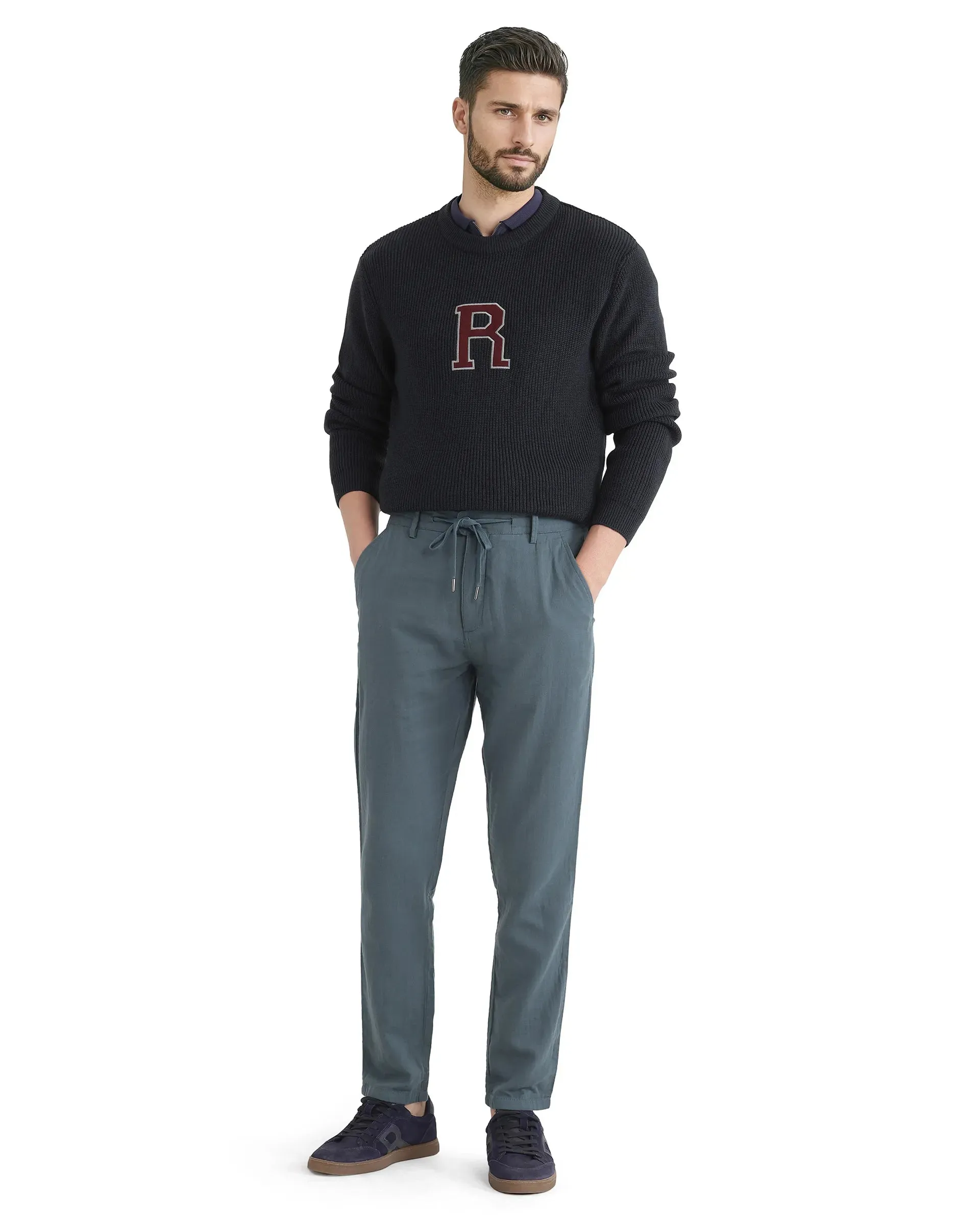 Rare Rabbit Men Pastor-25 Teal Cotton Elastane Fabric Drawstring Closure Plain Trouser