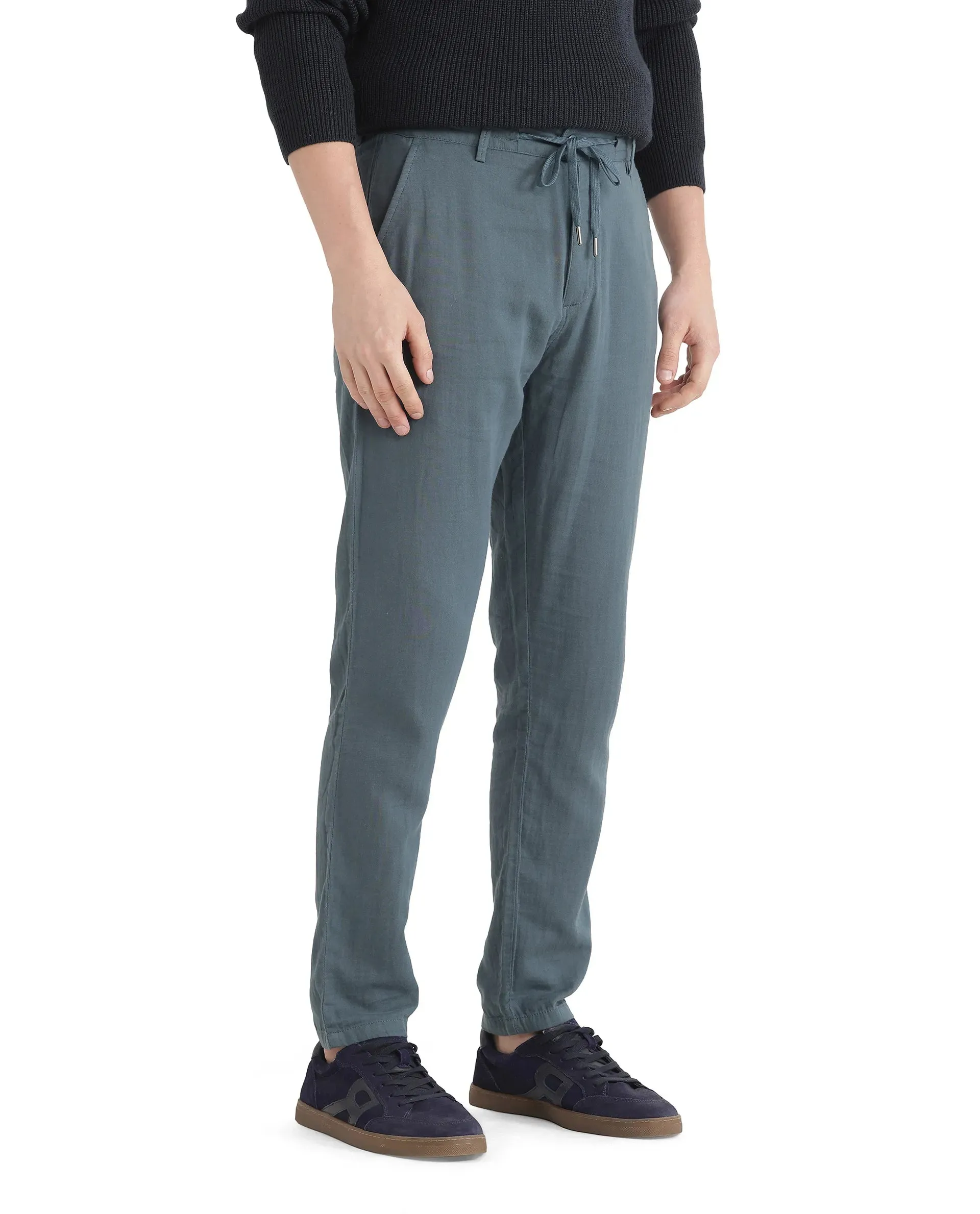 Rare Rabbit Men Pastor-25 Teal Cotton Elastane Fabric Drawstring Closure Plain Trouser
