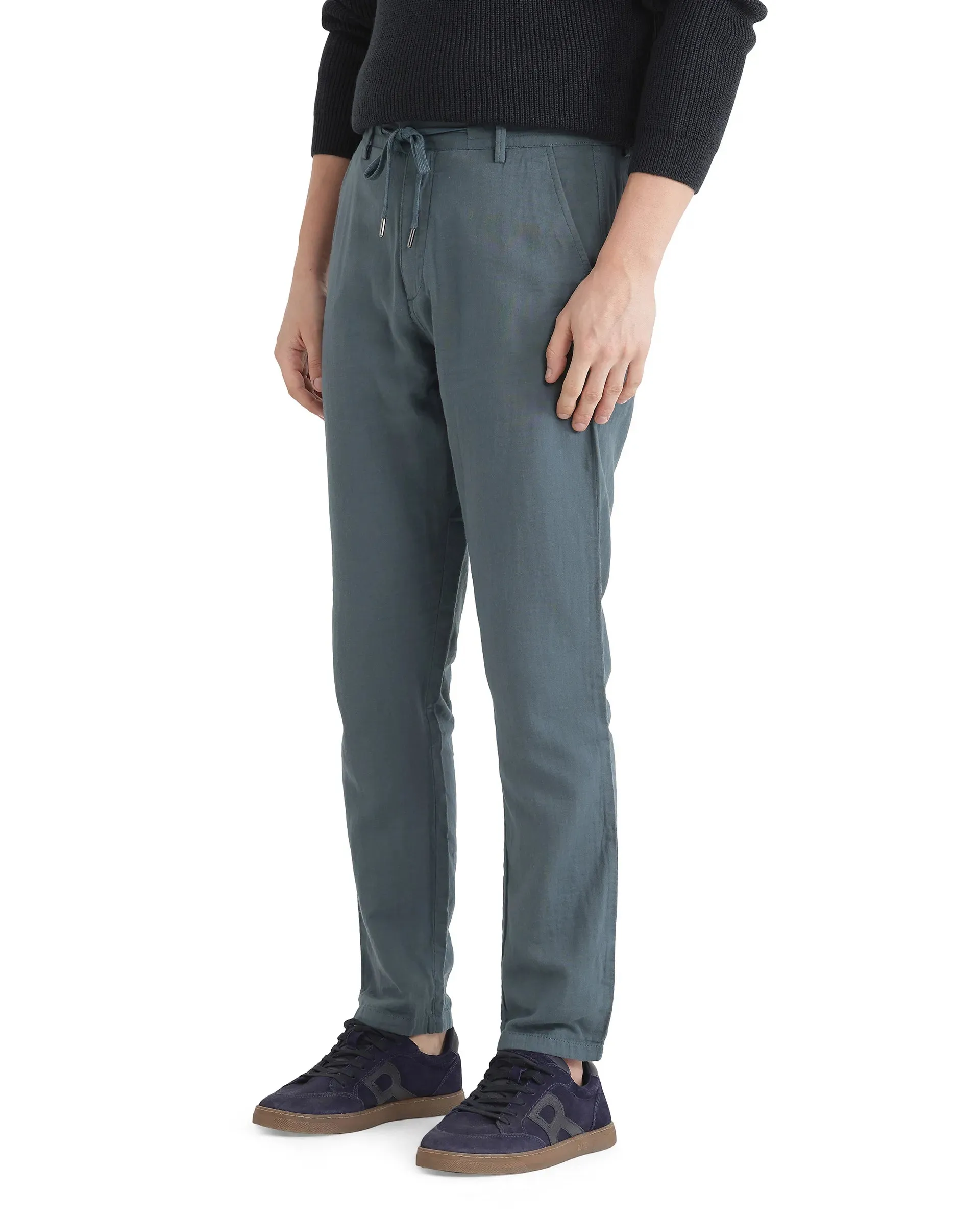 Rare Rabbit Men Pastor-25 Teal Cotton Elastane Fabric Drawstring Closure Plain Trouser