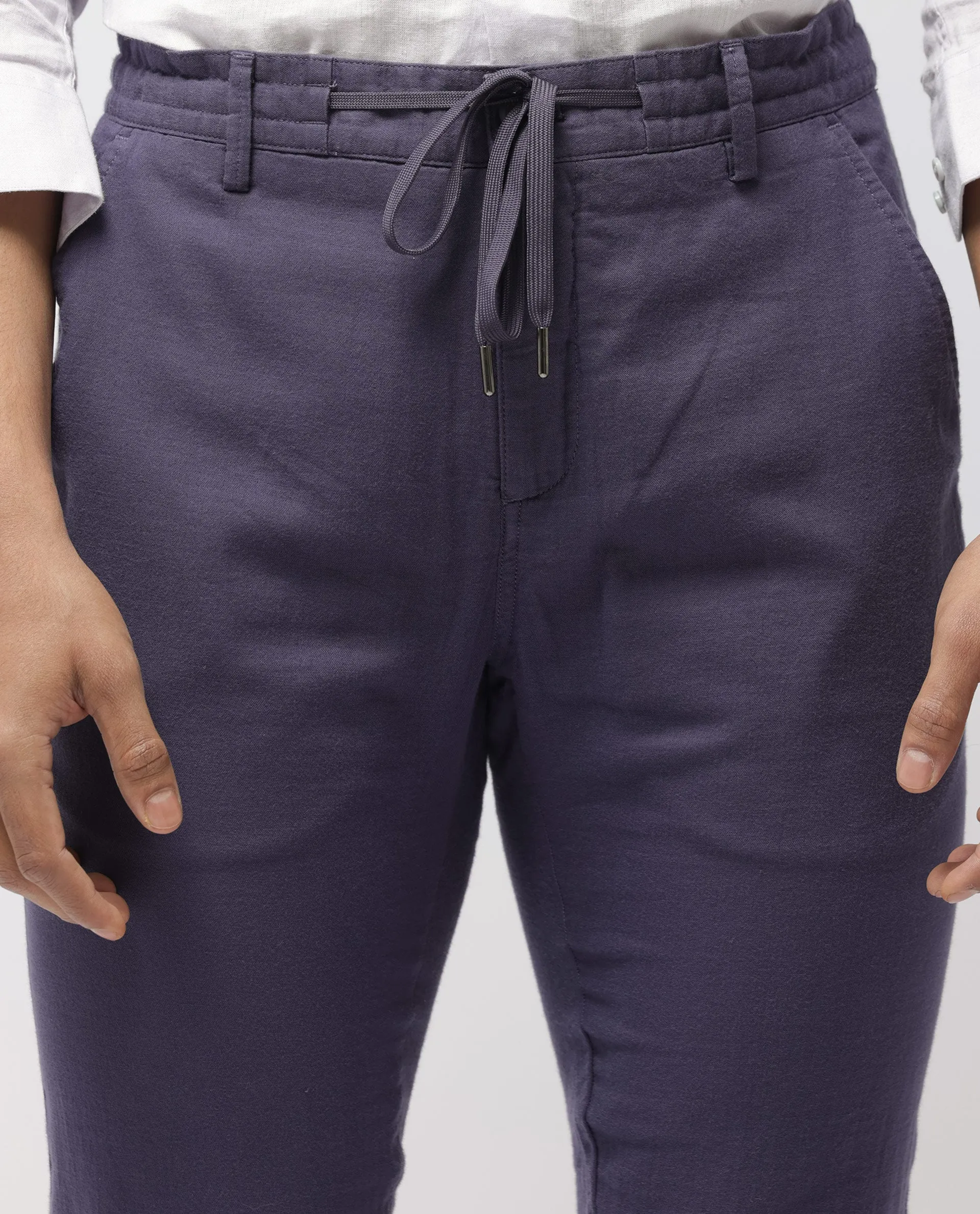 Rare Rabbit Men's Pastor-2 Dusky Purple Solid Mid-Rise With Drawstring And Elastic Waistband Regular Fit Trousers